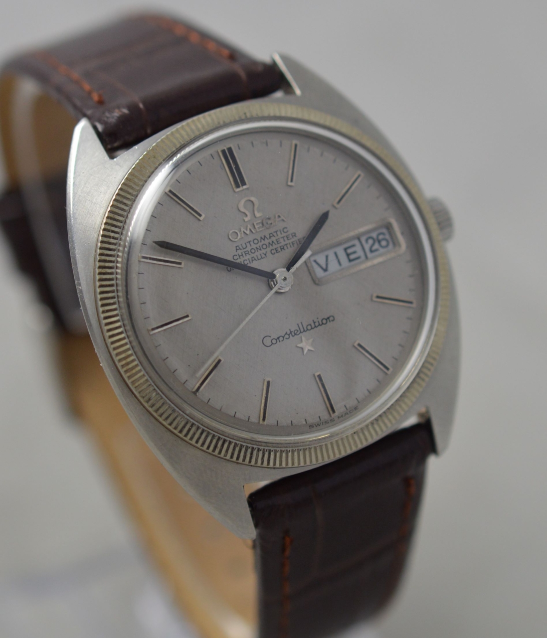 1969 Omega Constellation Automatic Chronometer Date Wristwatch Model 167.047 with Green Spider Dial in Stainless Steel Case on Bracelet